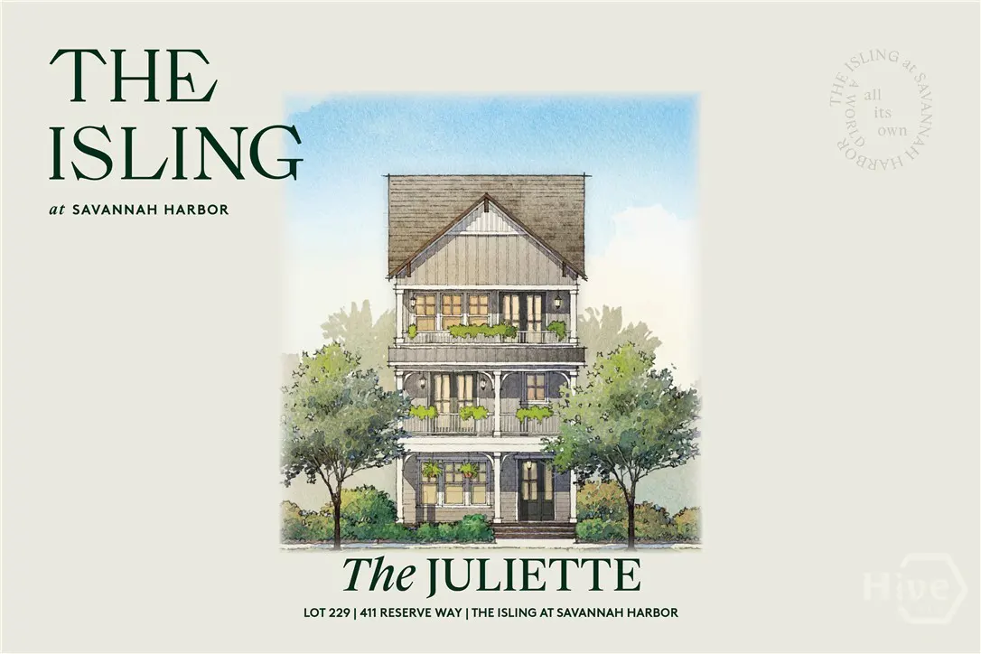Watercolor rendering of "The Juliette" home at Savannah Harbor, a three-story gray house with balconies and green plants.