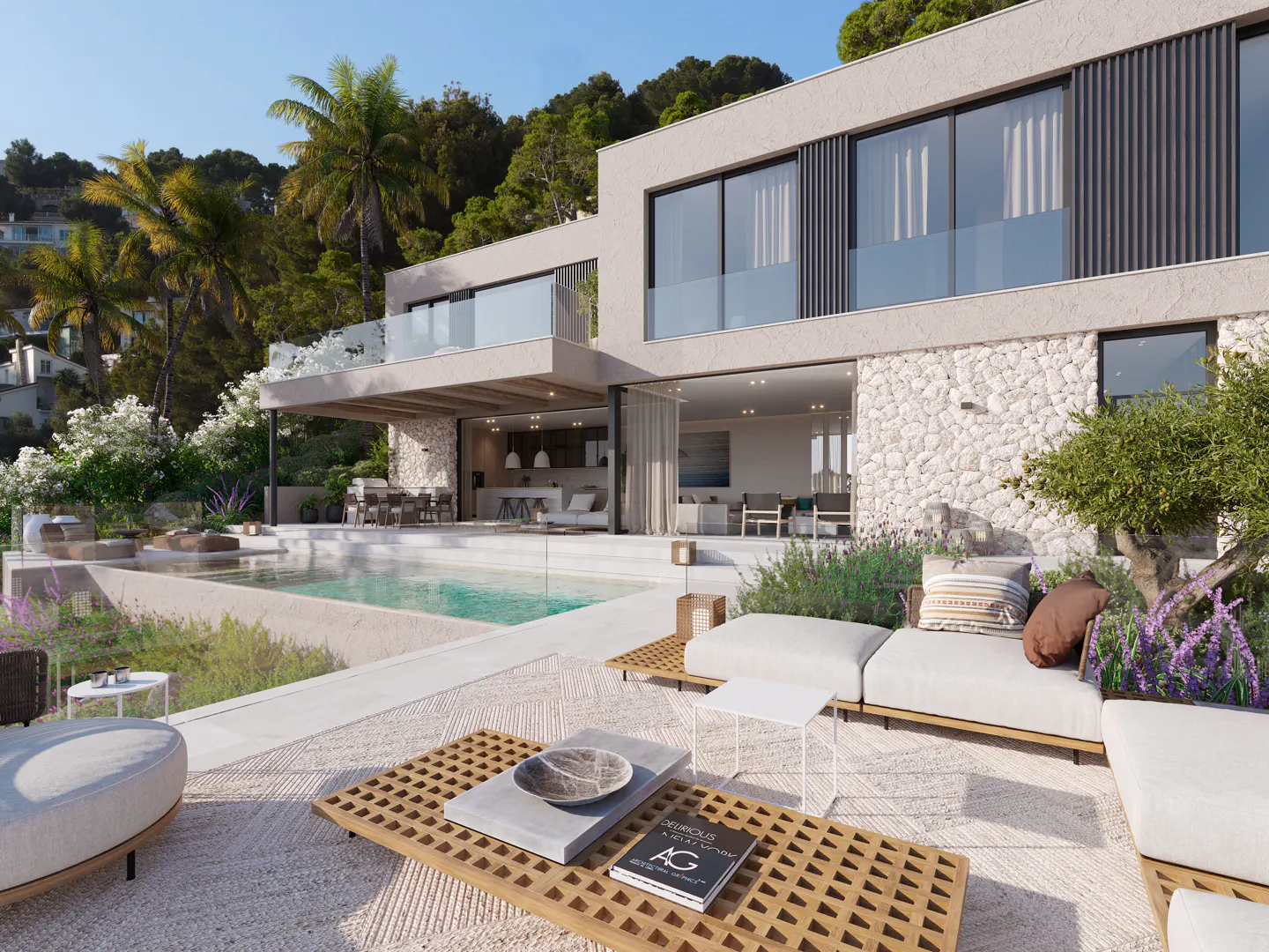 Modern home exterior with a pool and patio. The house is two stories with large windows and a stone facade. Palm trees and greenery surround the property.