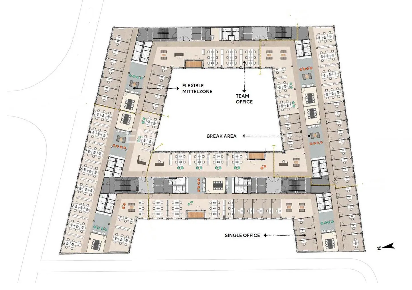 Floor plan of an office building shaped like the letter A, with single offices, team offices, a break area, and a flexible middle zone.
