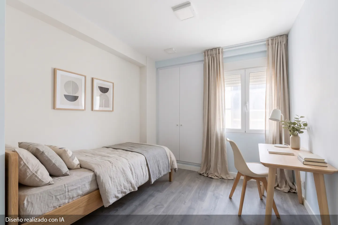 A bright bedroom with a bed, desk, and white walls. Two framed art pieces hang above the bed. Curtains frame a window next to a desk with a lamp.