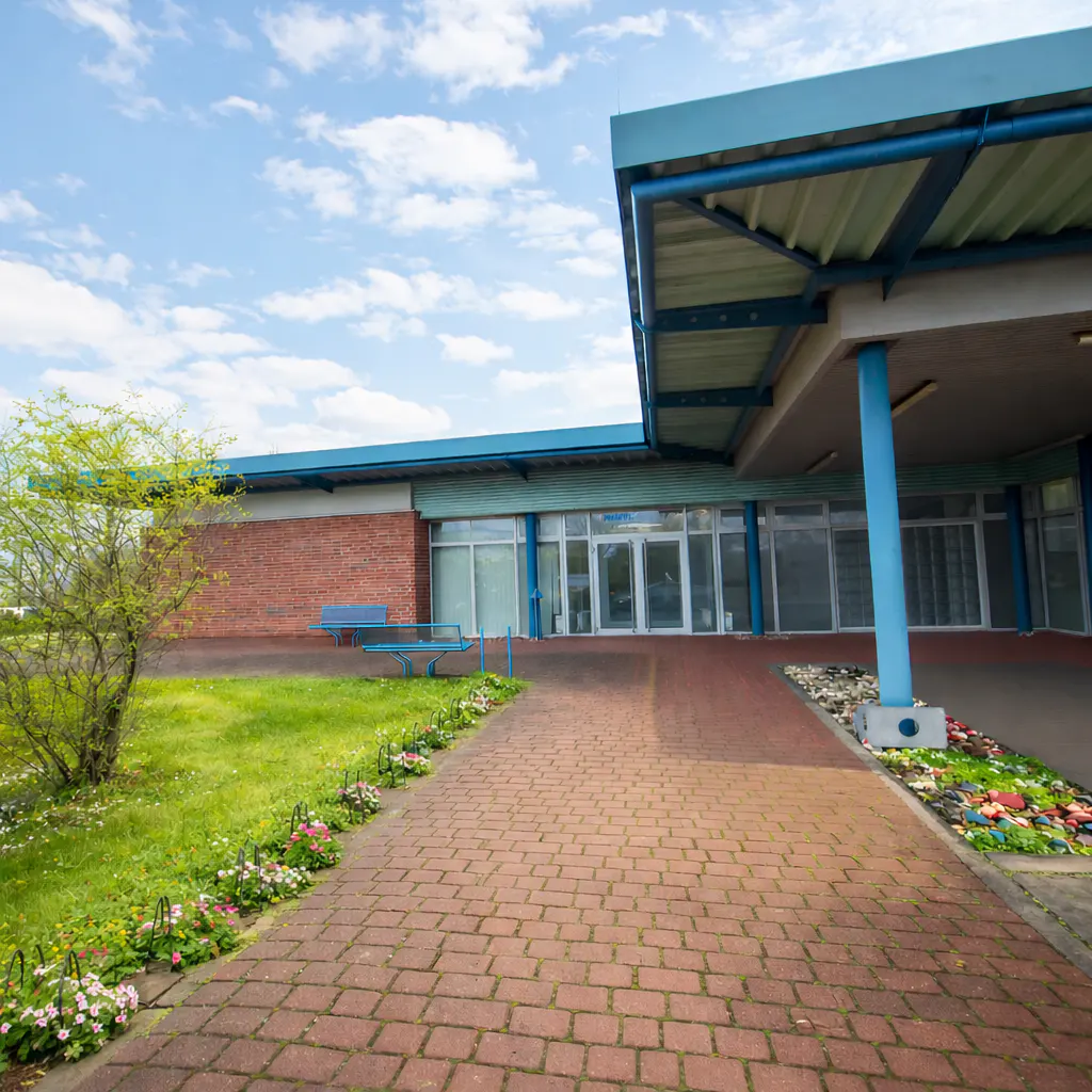 Exterior view of a building with a blue roof, brick facade, and glass windows. A brick path leads to the entrance, with a green lawn and flowers on the side.