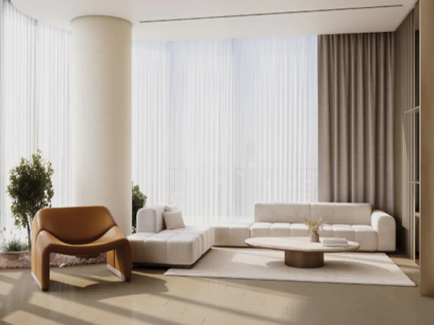 Bright living room with beige sectional sofa, brown leather chair, and oval coffee table on a light rug. Large windows with sheer white and brown curtains.