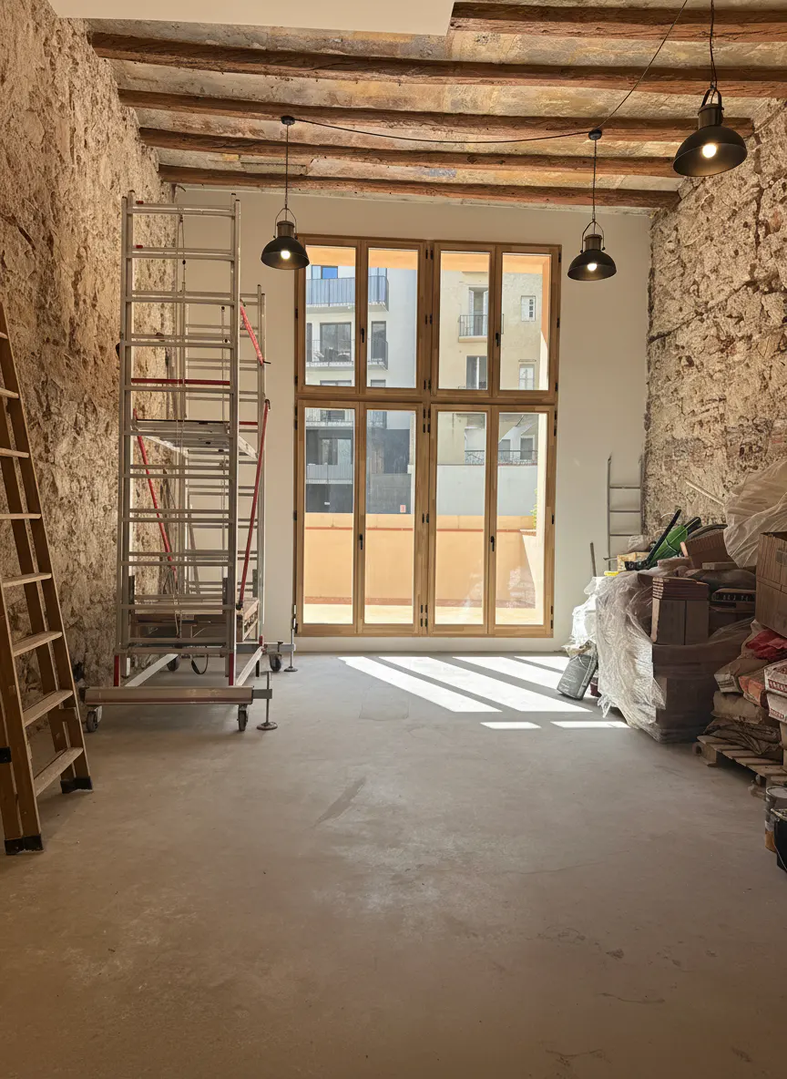 Interior view of a room under renovation with stone walls, wooden beams, and scaffolding. A large window provides natural light.