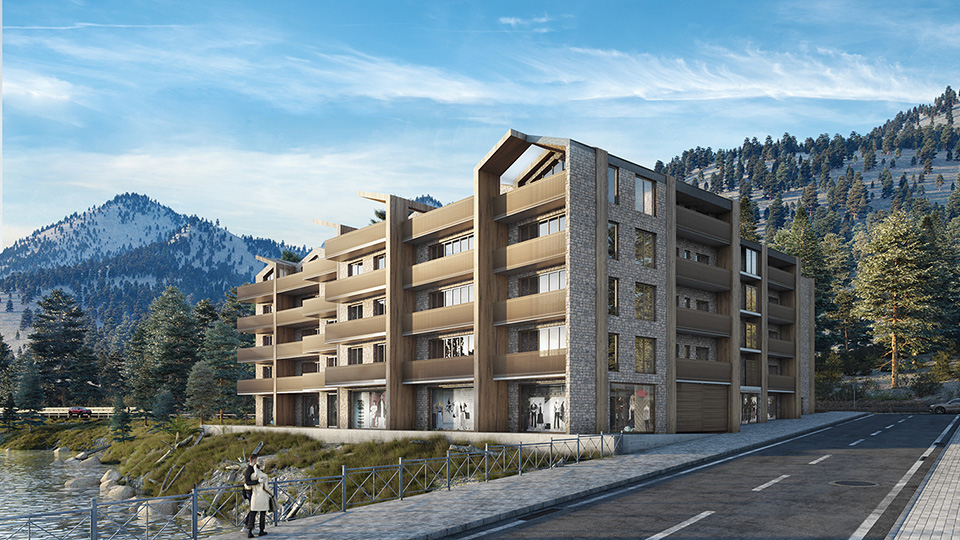 Modern multi-story apartment building with stone and wood facade, set against a mountain landscape with a nearby lake. [AI-generated text]