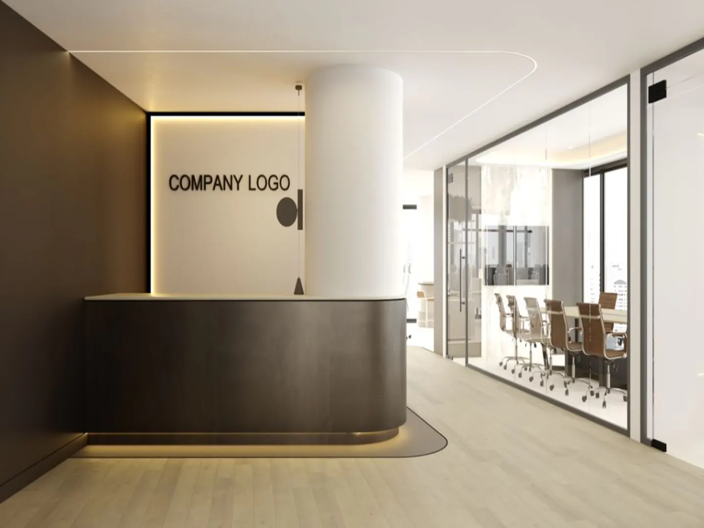 Modern office lobby with a dark reception desk, white logo wall, and glass-walled conference room with a long table and chairs.