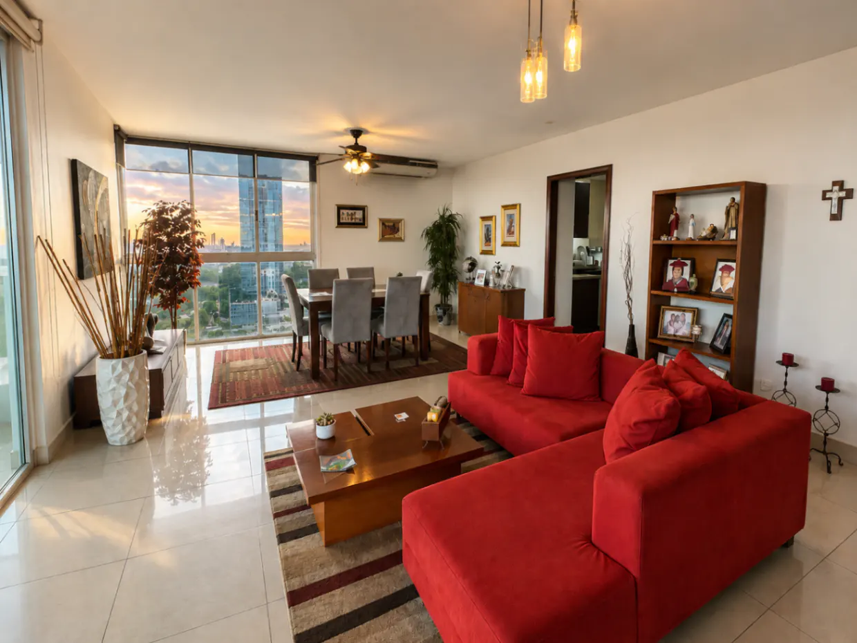 Bright, modern living room with red sectional sofa, dining table, and city view at sunset.