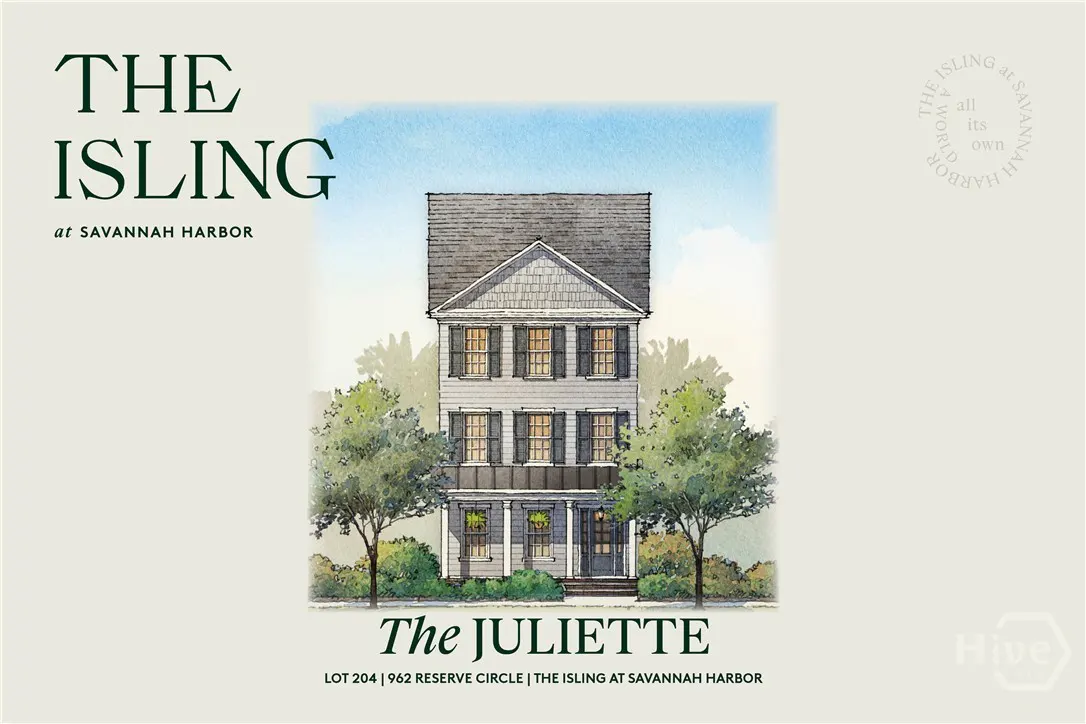 Watercolor rendering of "The Juliette" house model at The Isling at Savannah Harbor. The house is three stories with a gray roof and siding.