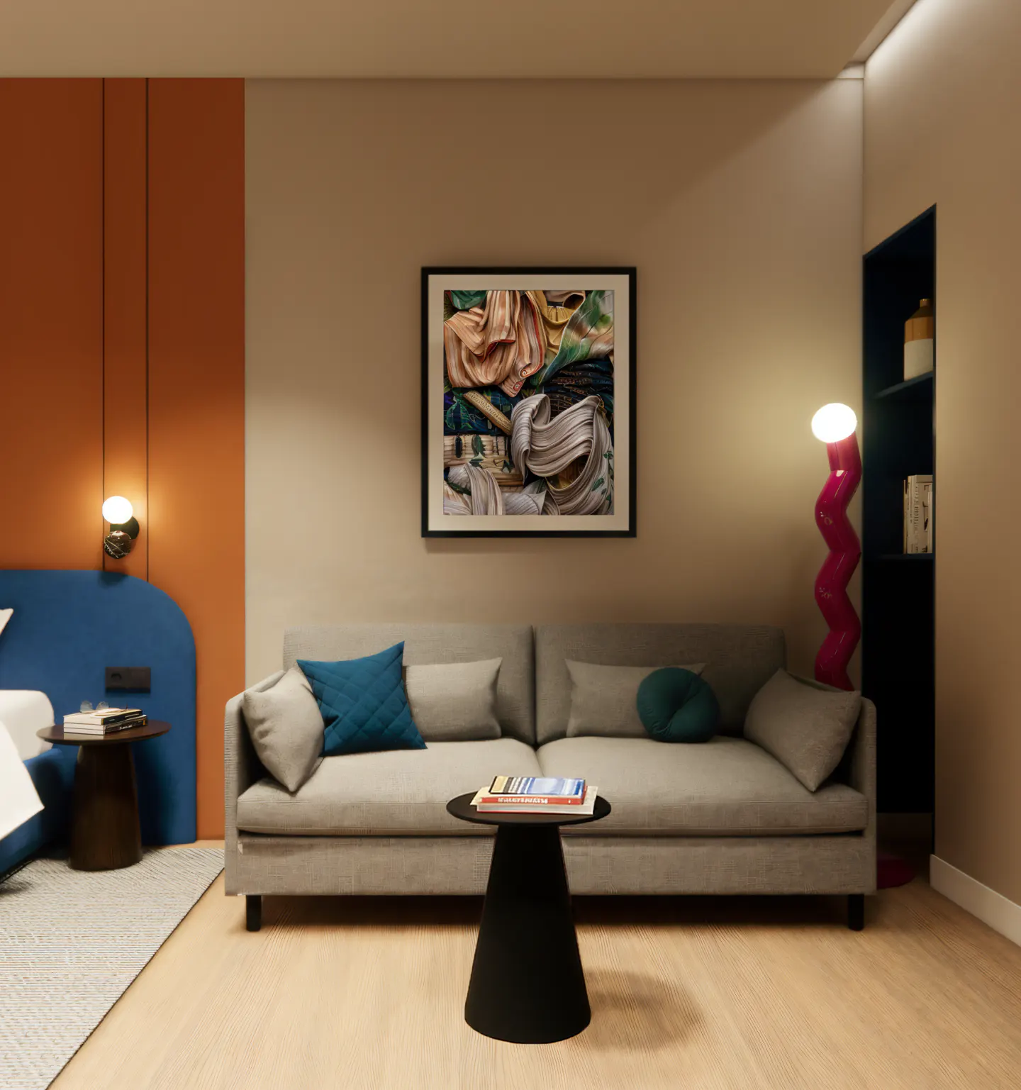 Modern living room with a grey sofa, black coffee table, abstract wall art, and a unique pink wavy floor lamp.
