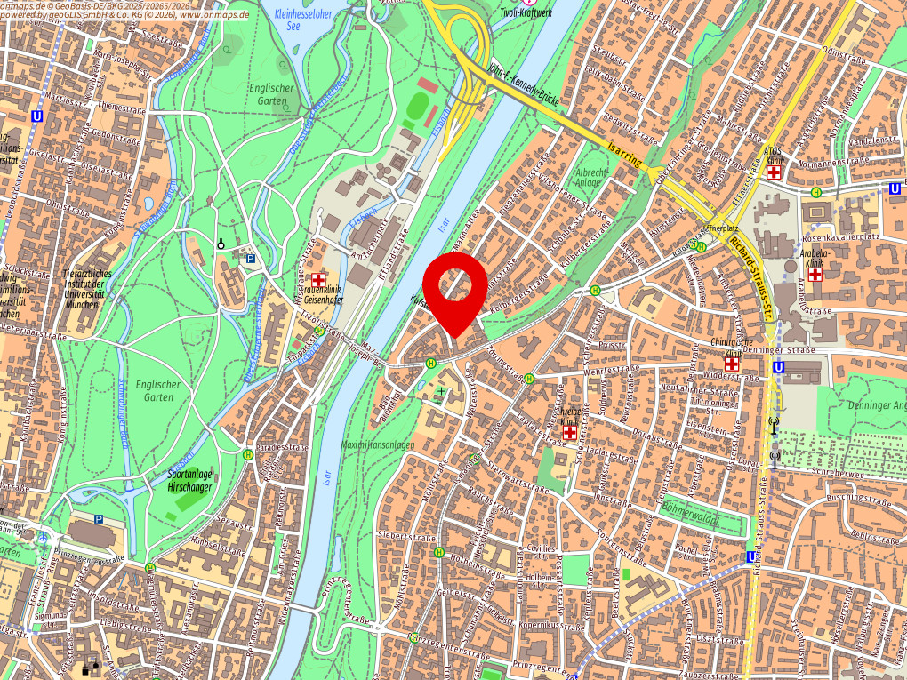 A digital map of Munich, Germany, showing streets and parks with a red location pin marking a specific property area. [AI-generated text]