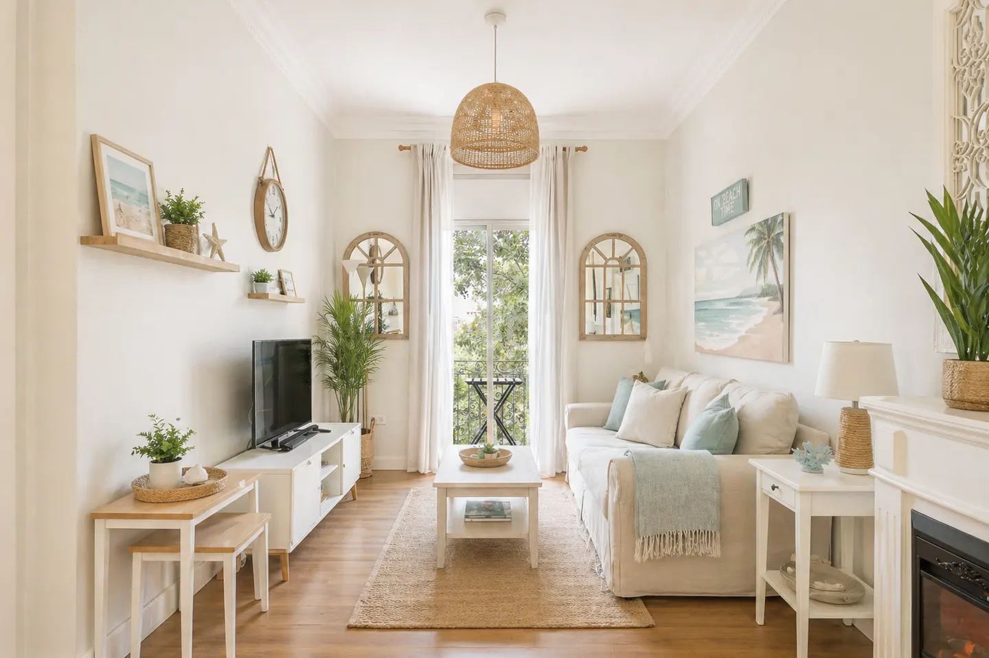 Bright living room with white walls, wood floors, and beach-themed decor. A white sofa faces a TV, with a jute rug and woven pendant light.