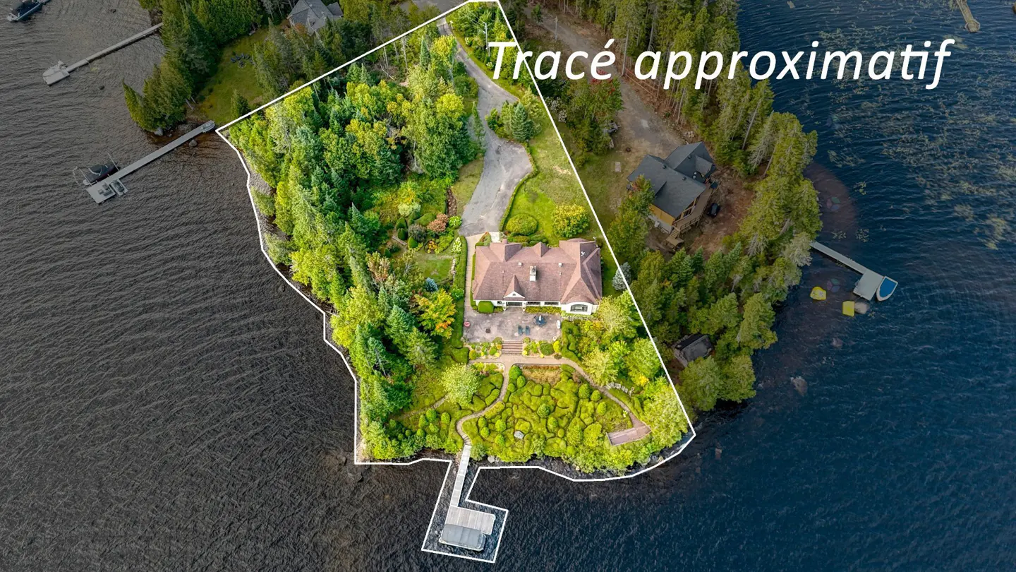 Aerial view of a waterfront property with a large house, surrounded by trees and a white border indicating property lines.