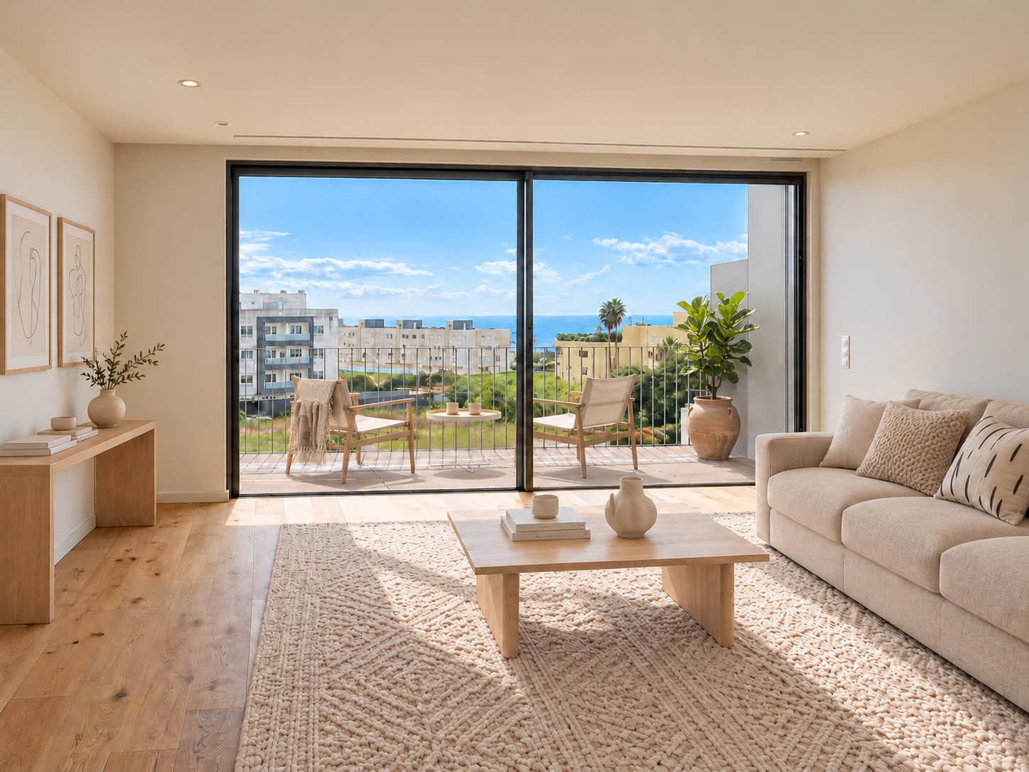 Modern living room with beige sofa, wooden coffee table, and large sliding doors opening to a balcony with ocean views. [AI-generated text] [AI-modified]