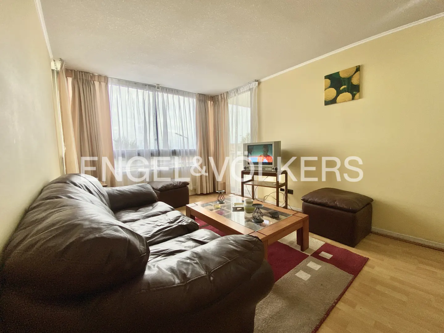Living room with brown leather sofa, wood floor, and a TV. A coffee table sits on a patterned rug. Curtains cover a large window.