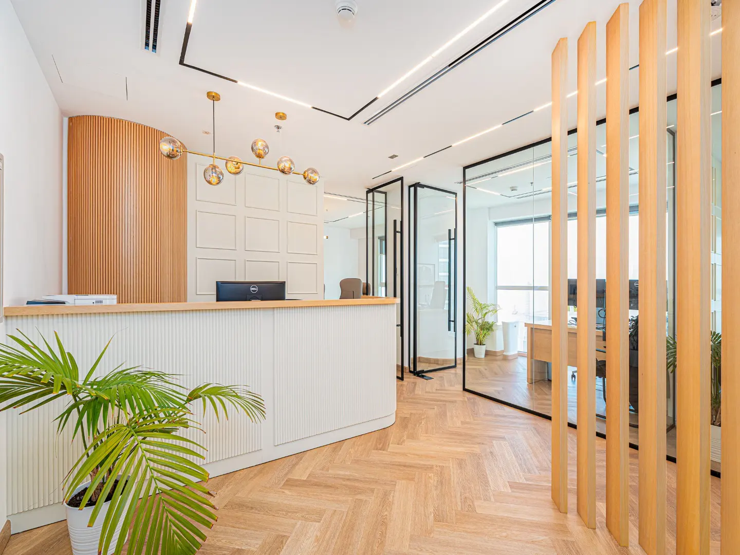 Bright office reception area with a white desk, wood accents, and glass-walled offices. A green plant sits near the desk.