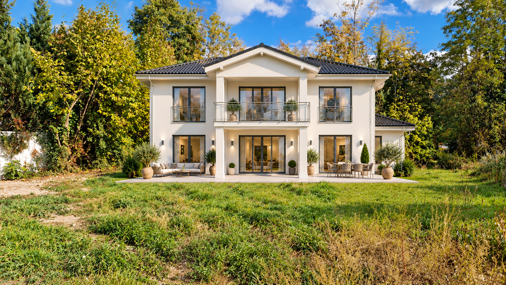 Two-story cream-colored villa with a dark roof, patio furniture, and potted plants, set against a backdrop of tall trees. [AI-generated text] [Modificat per IA]