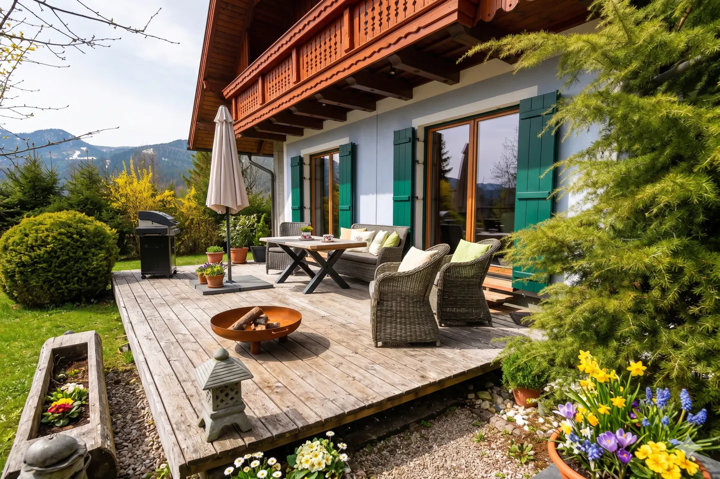 Exterior view of a light blue house with a wooden deck, table, chairs, and green shutters. Mountains are visible in the background.