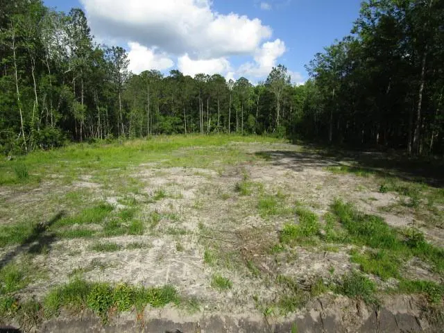 Cleared land lot with sparse grass and trees in the background under a blue, cloudy sky.