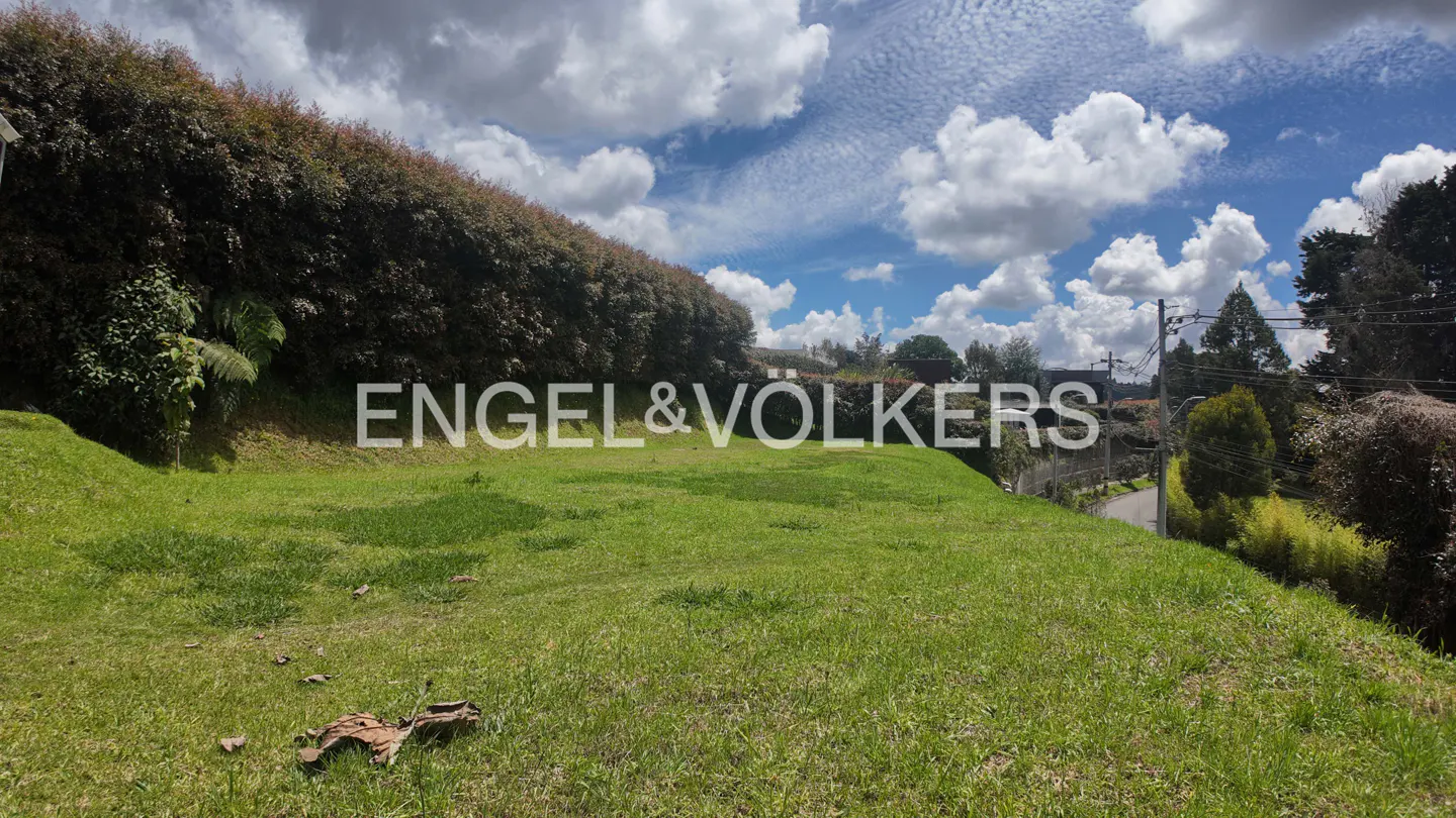 A grassy lot with a hedge and trees under a cloudy sky. Engel & Volkers logo is superimposed on the image.