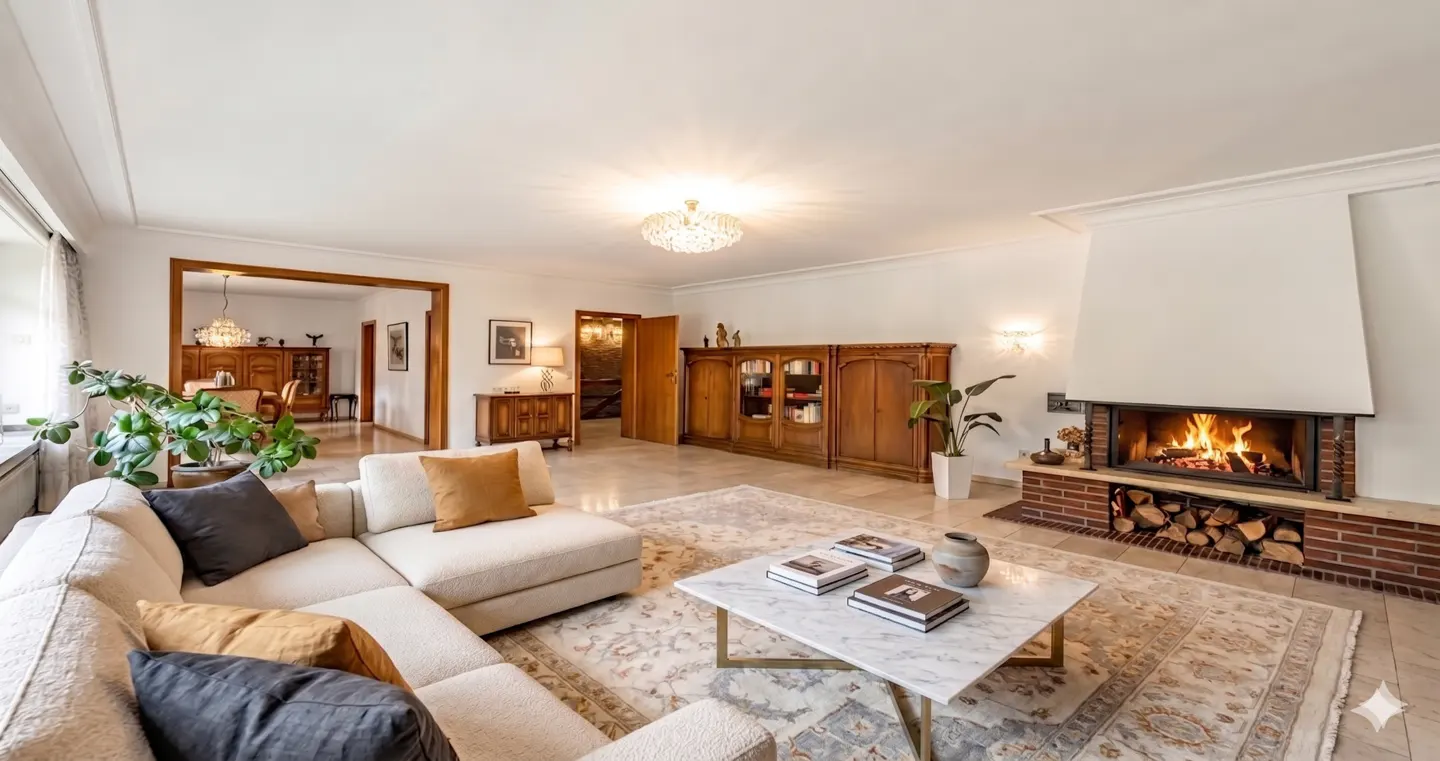 Bright living room with a white sectional sofa, marble coffee table, and a brick fireplace with burning logs.