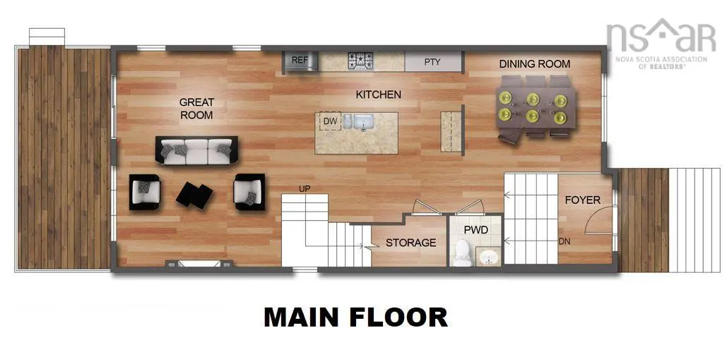 Main floor plan with wood floors, showing great room, kitchen, dining room, foyer, storage, and powder room. Furniture is visible.