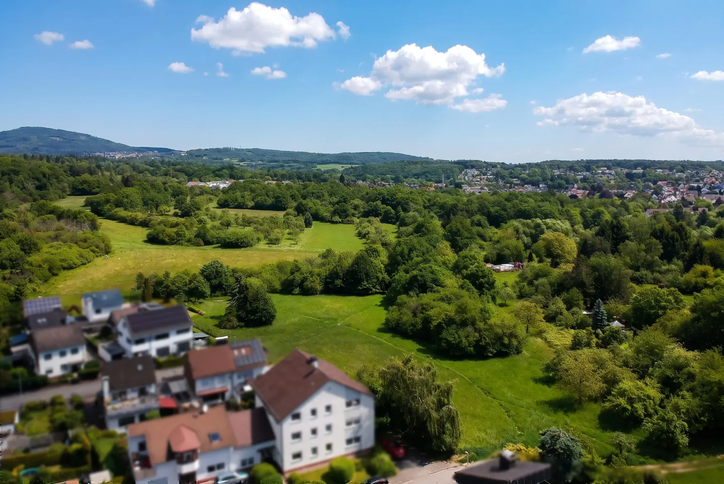 Aerial view of a residential neighborhood bordering a lush green meadow and forest under a bright blue sky with clouds.