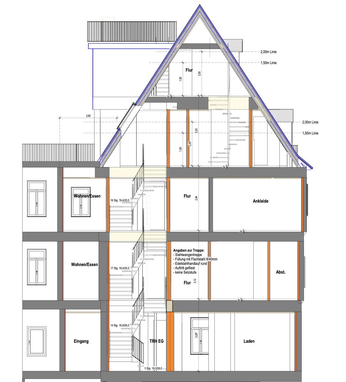 Architectural drawing of a three-story building section, showing rooms, stairs, and roof details with measurements.