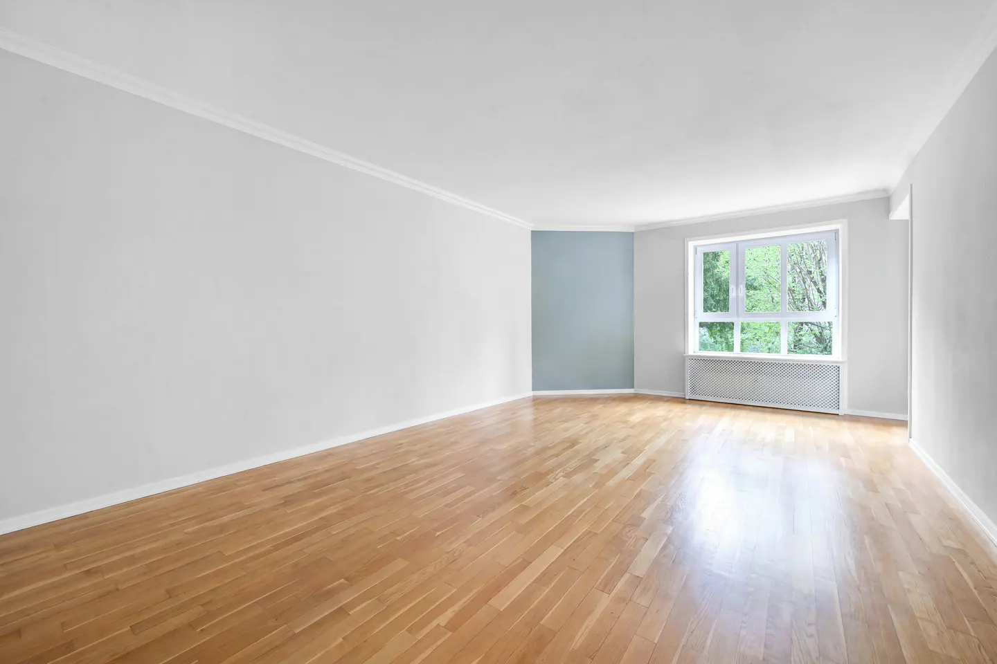 Bright, empty room with light wood floors, white walls, and a large window showing green trees. A blue accent wall adds a touch of color.