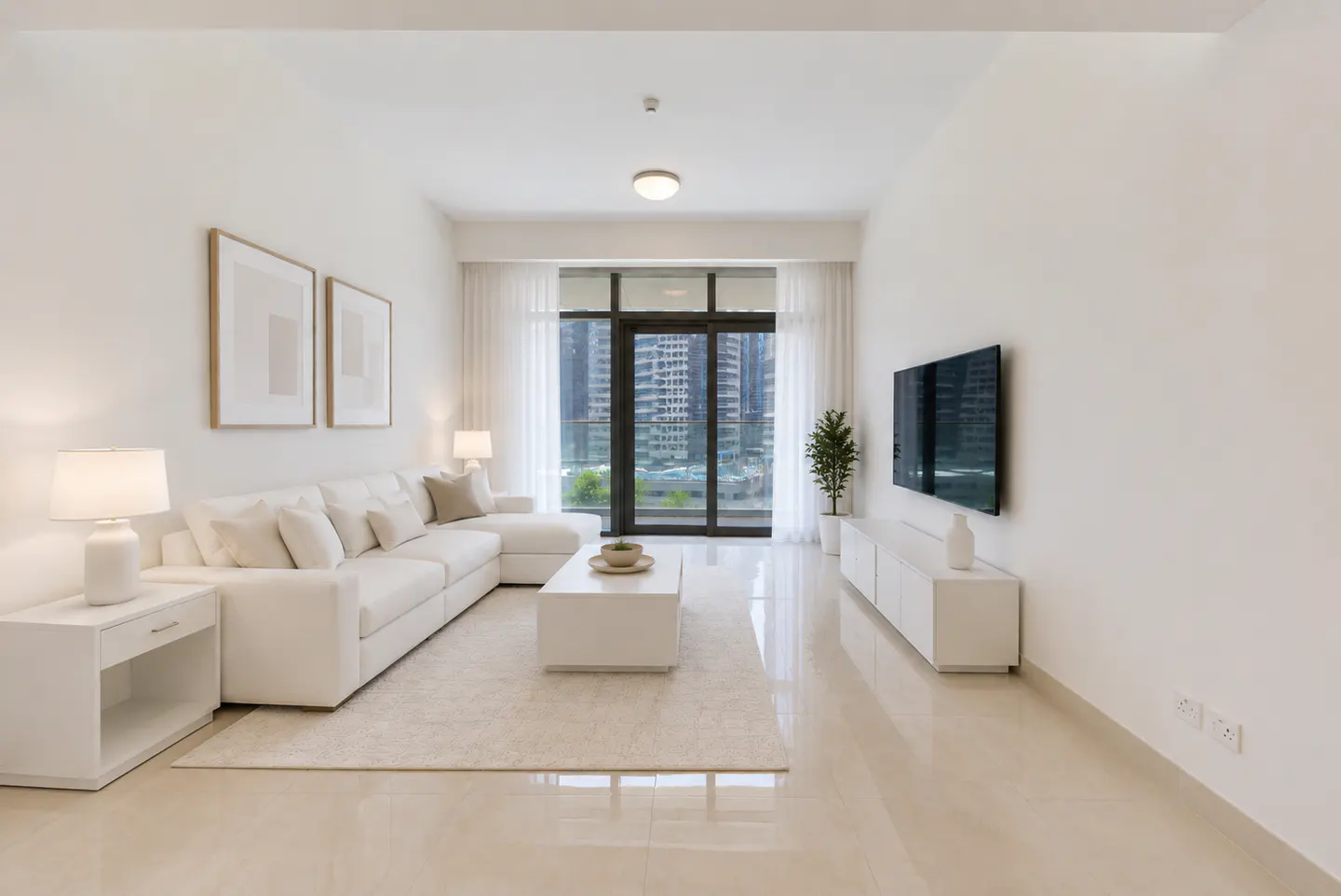 Bright living room with white walls, tile floor, and furniture. A large window shows a city view. A TV hangs on the wall.