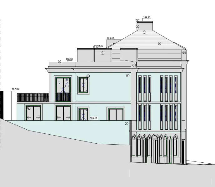Architectural drawing of a light blue two-story building with a gray roof and dark-framed windows.