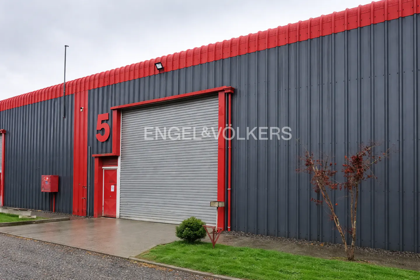 Exterior of a grey and red industrial warehouse with a large roll-up door, a red door marked with the number 5, and a tree.