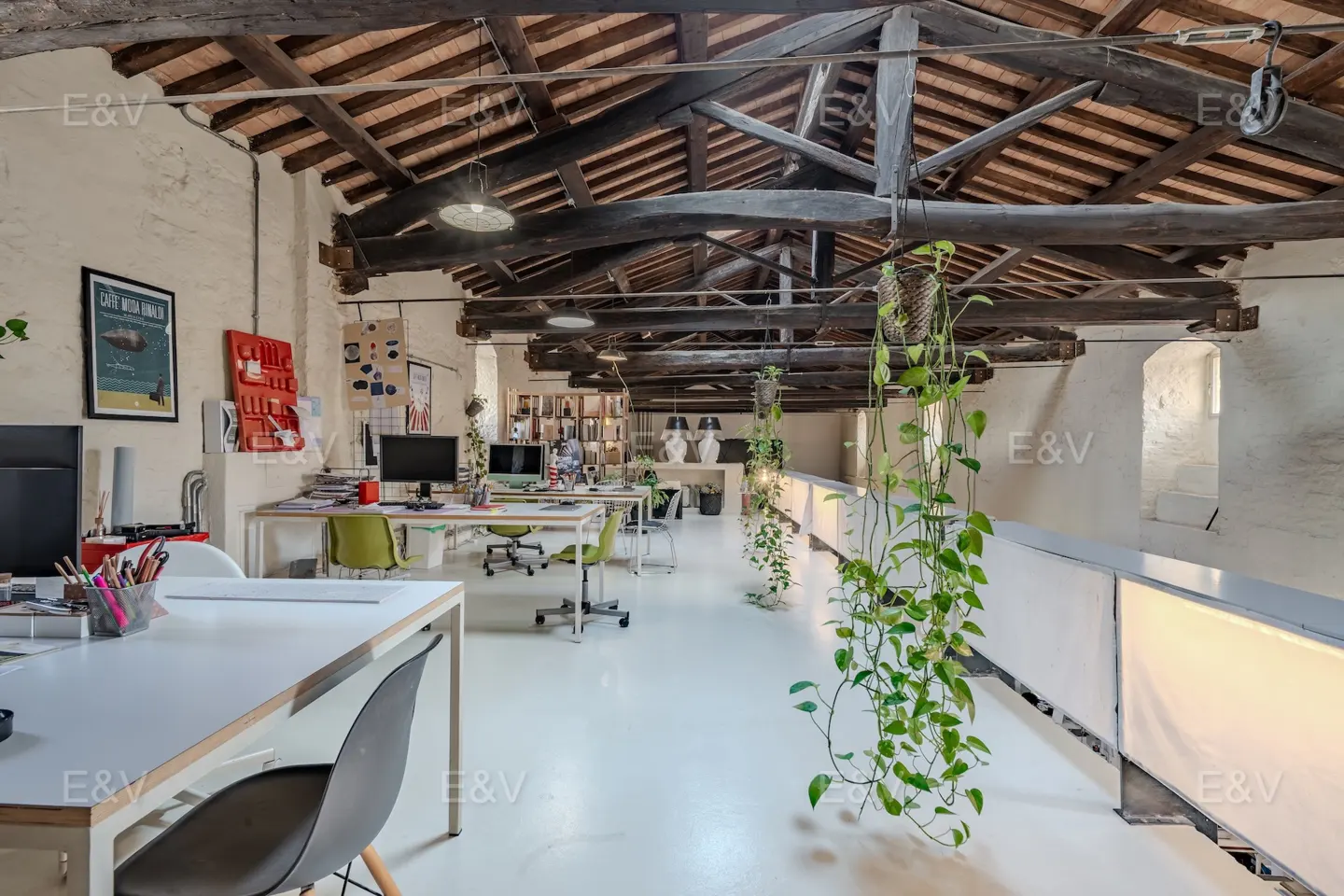 Bright, open office space with white floors, desks, and exposed wooden beams. Hanging plants add a touch of nature.