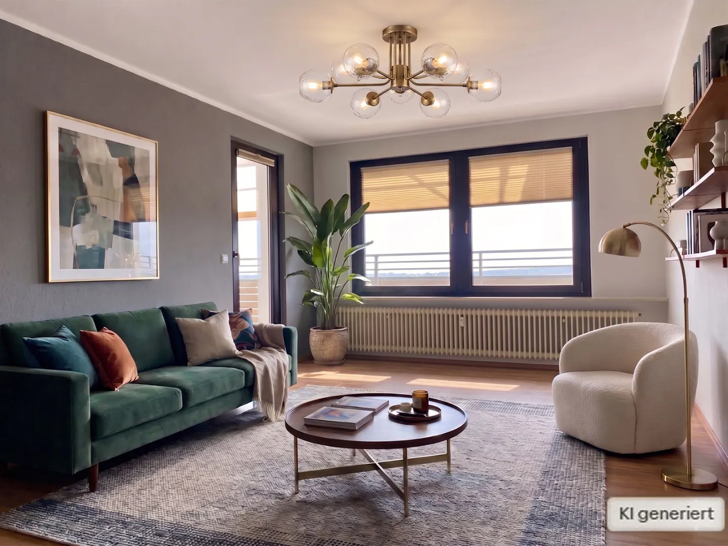 Living room with green velvet sofa, round coffee table, and beige armchair. A modern chandelier hangs from the ceiling. Large windows offer a view of the outside.