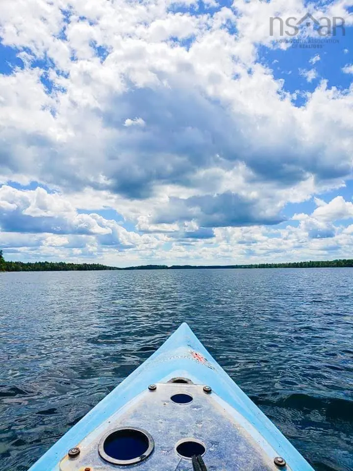 View from a boat on a lake, with a blue sky and white clouds above. The boat's bow is light blue. Trees line the distant shore.
