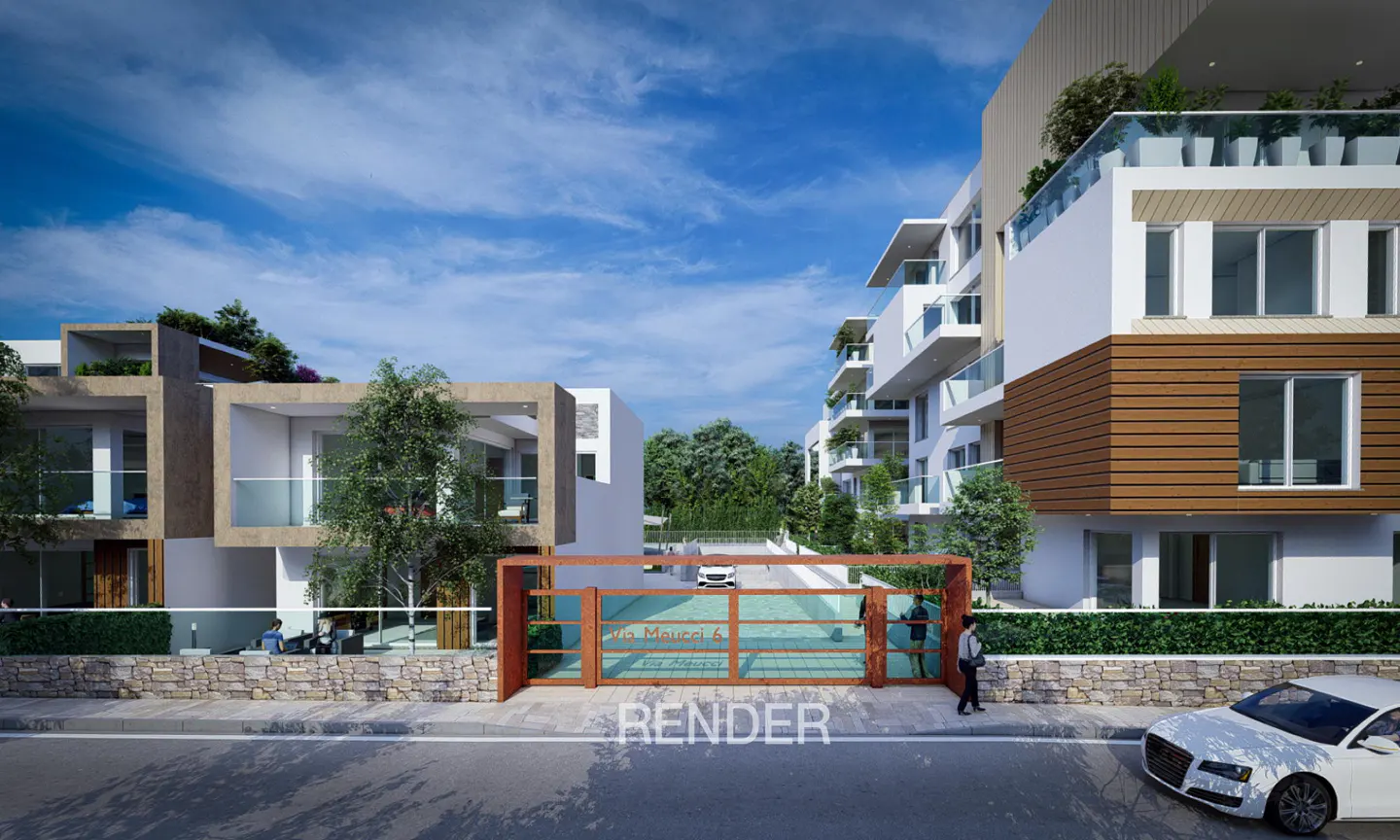 Architectural rendering of a modern apartment complex with white and wood-paneled facades, a gated entrance, and a car.