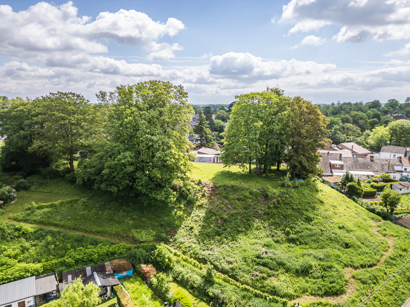 Aerial view of a lush green hill with trees, houses, and a cloudy blue sky.