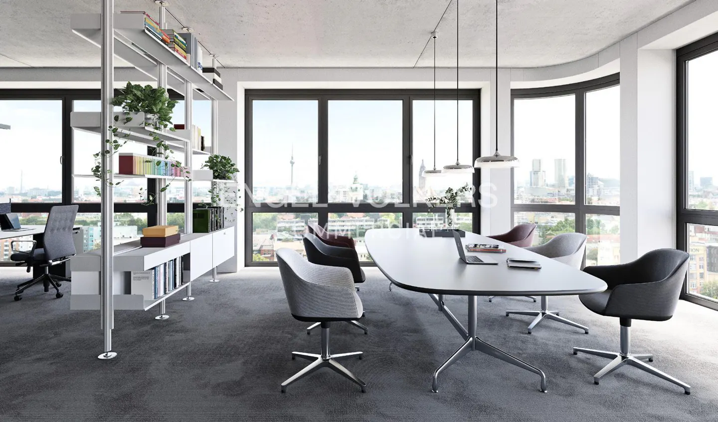 Bright, modern office with large windows, a gray conference table, and swivel chairs. A white bookshelf with plants stands against a window.