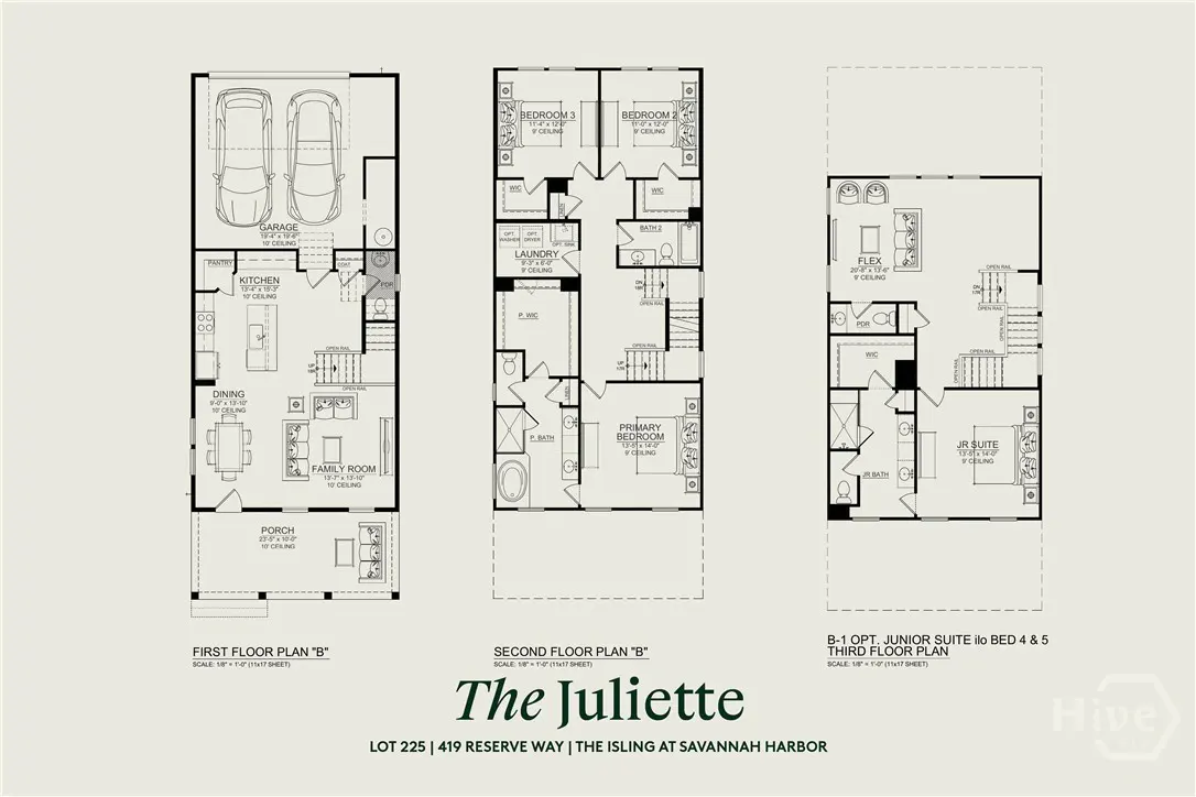 Floor plan for "The Juliette" home, showing first, second, and third floors. Includes garage, bedrooms, kitchen, and living spaces.