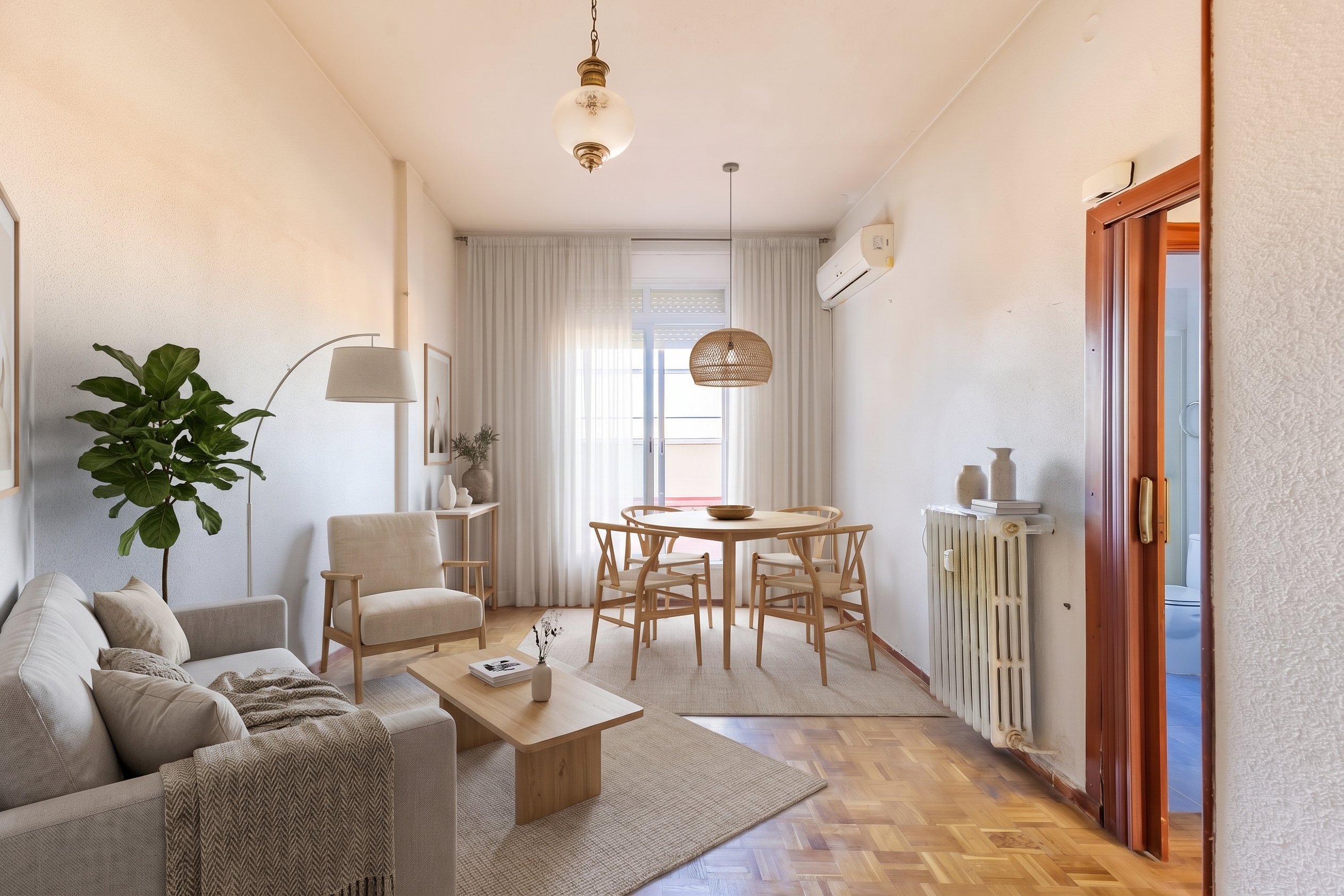 Bright living and dining room with a beige sofa, wooden coffee table, round dining table, and large windows with curtains. [AI-generated text] [AI-modified]