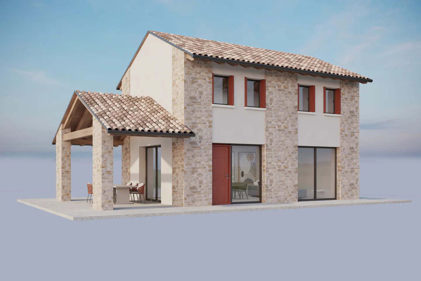 A two-story stone and stucco house with a tiled roof, red shutters, a red front door, and a covered outdoor patio area.