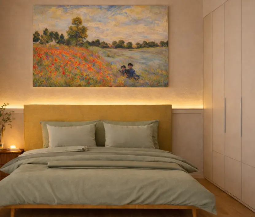 Bedroom with a yellow headboard, sage green bedding, and a painting of a poppy field above the bed. White closet on the right.