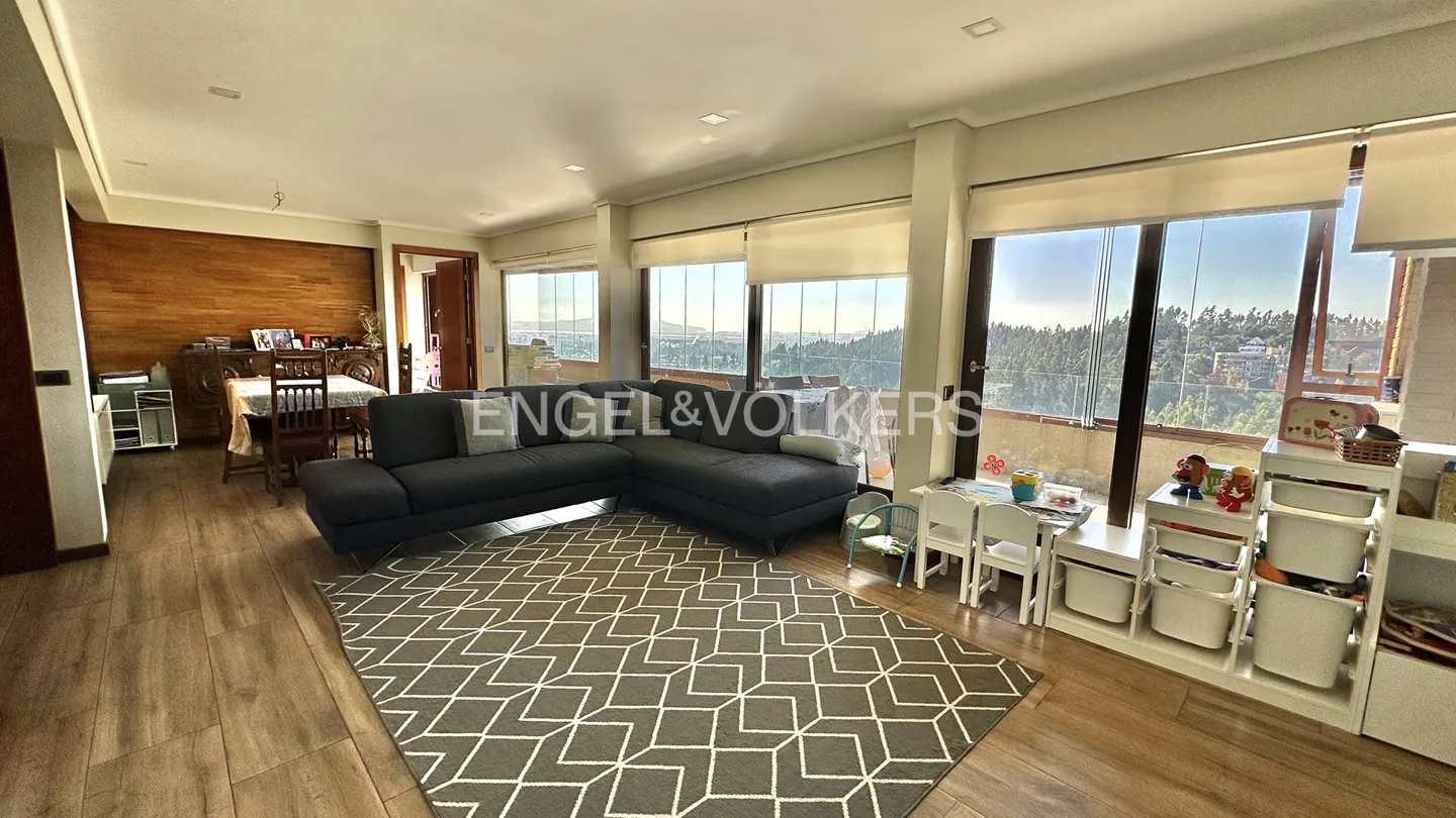 Living room with a gray sectional sofa, geometric rug, dining table, and a view of trees through large windows.