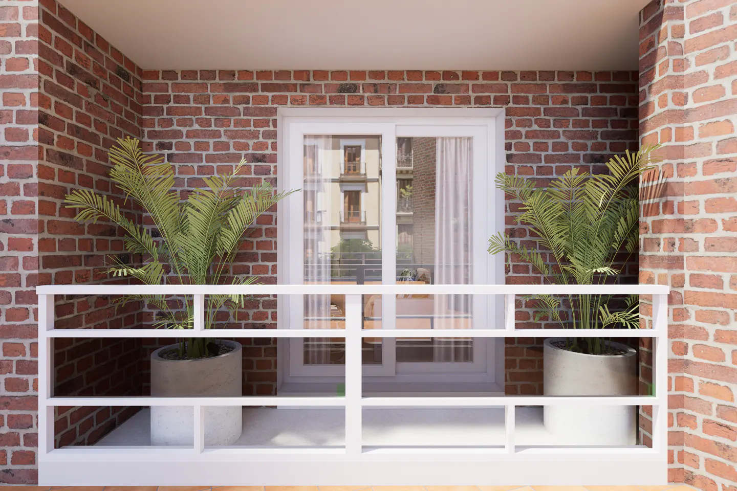 A balcony with a white railing, two potted palm plants, and a sliding glass door against a red brick wall.