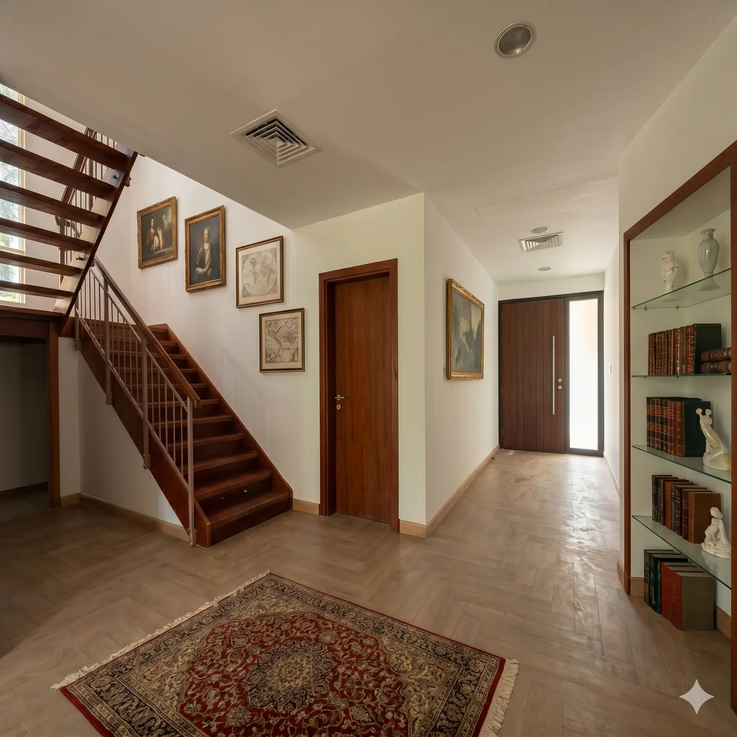 A home's foyer with a wooden staircase, paintings, and a red rug on a herringbone floor.
