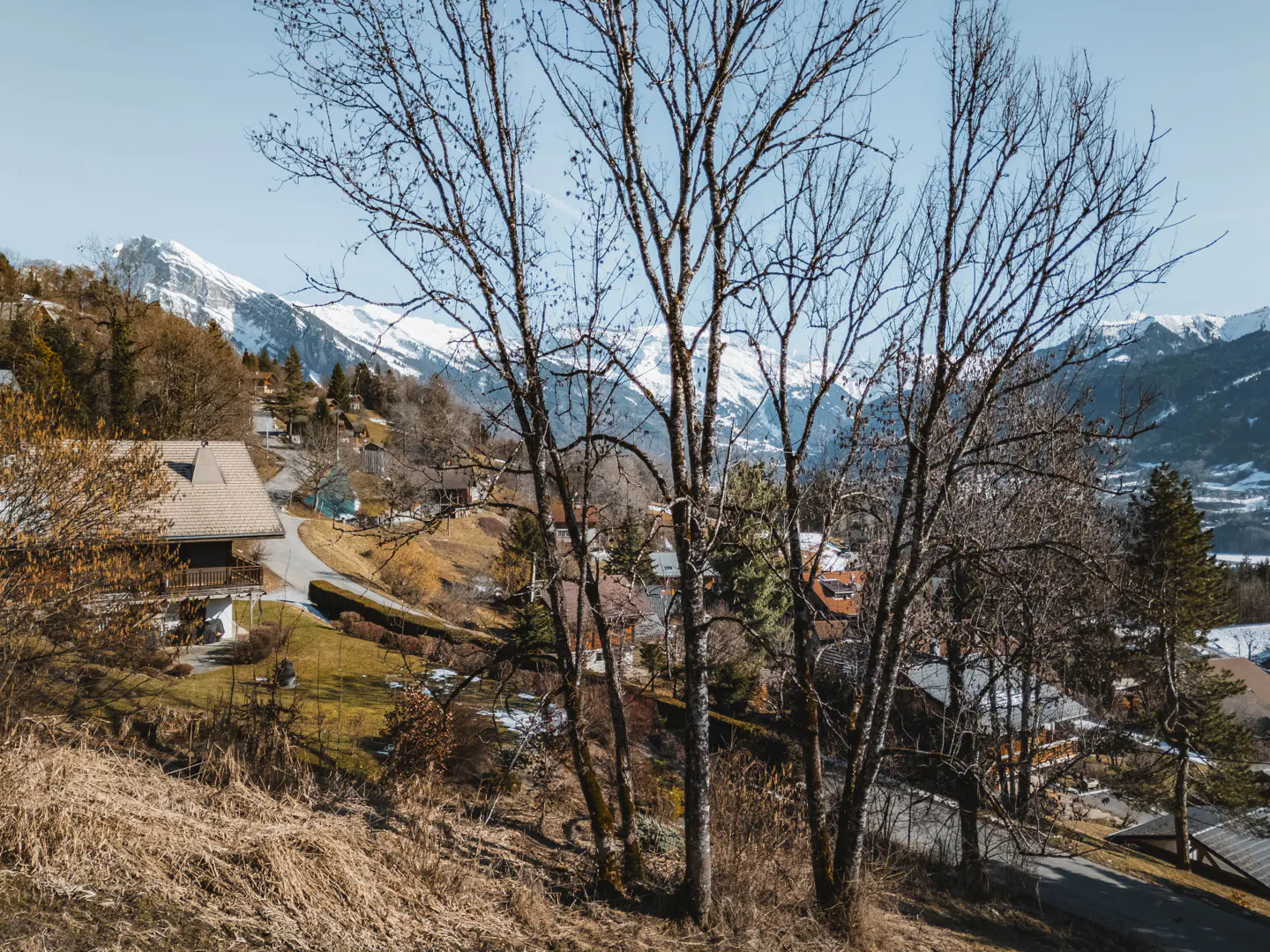 Scenic view of a mountain village with snow-capped peaks in the background. Bare trees frame houses along a winding road.