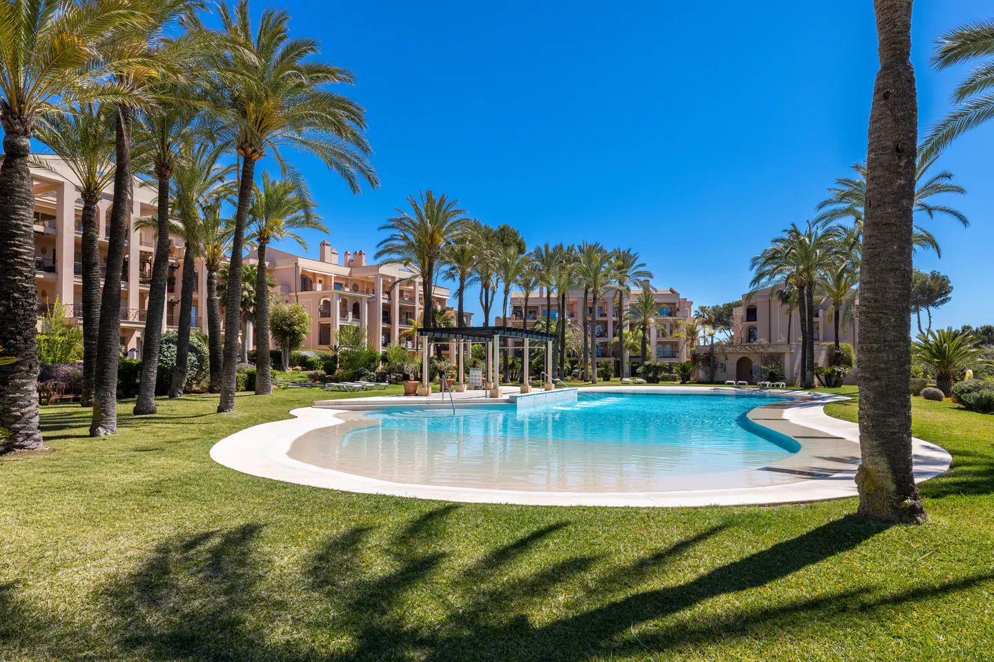 A kidney-shaped pool with clear blue water, surrounded by palm trees and green grass, in front of a multi-story building.