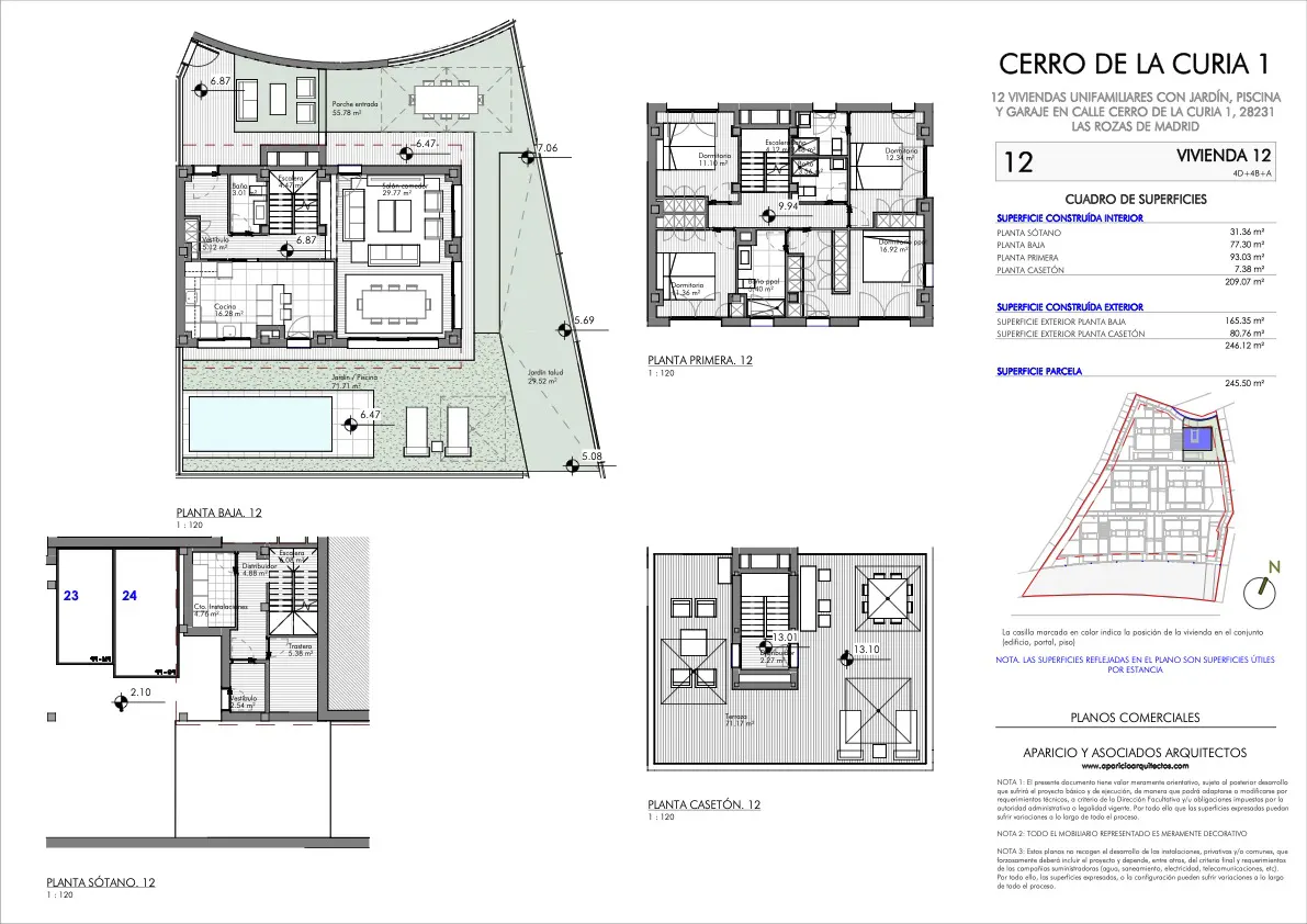 Architectural floor plan of a multi-level house with a pool, garden, and garage, including dimensions and surface areas.