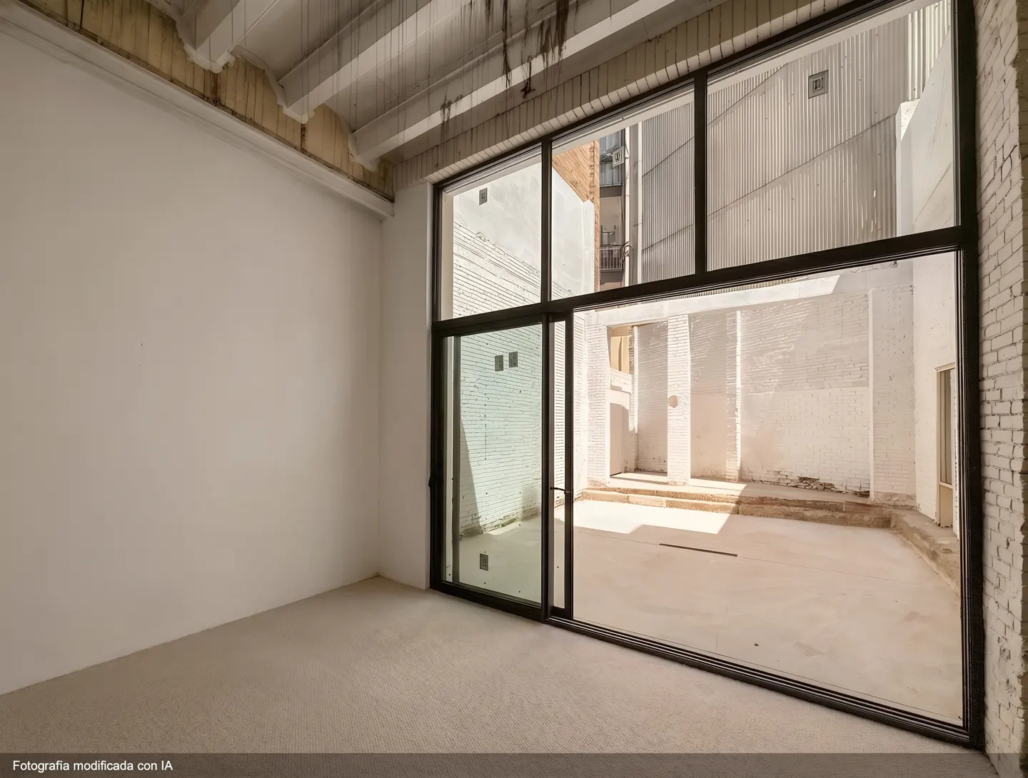 An empty room with white walls and a large black-framed window overlooking a white brick courtyard.
