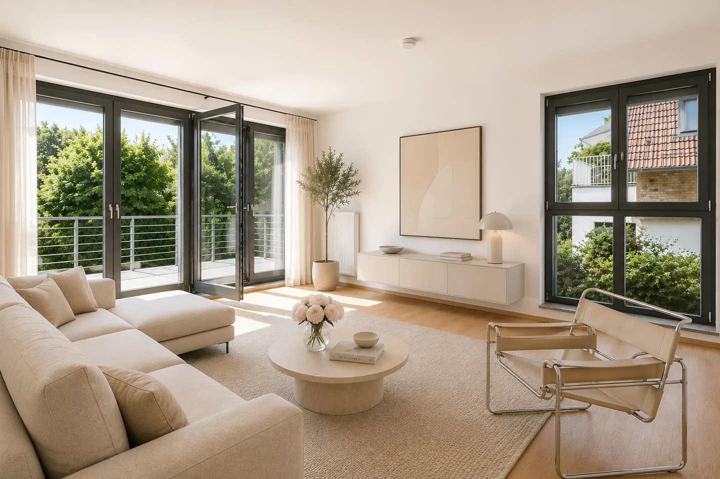 Bright, modern living room with a beige sofa, round coffee table, designer chair, and large windows opening to a balcony.
