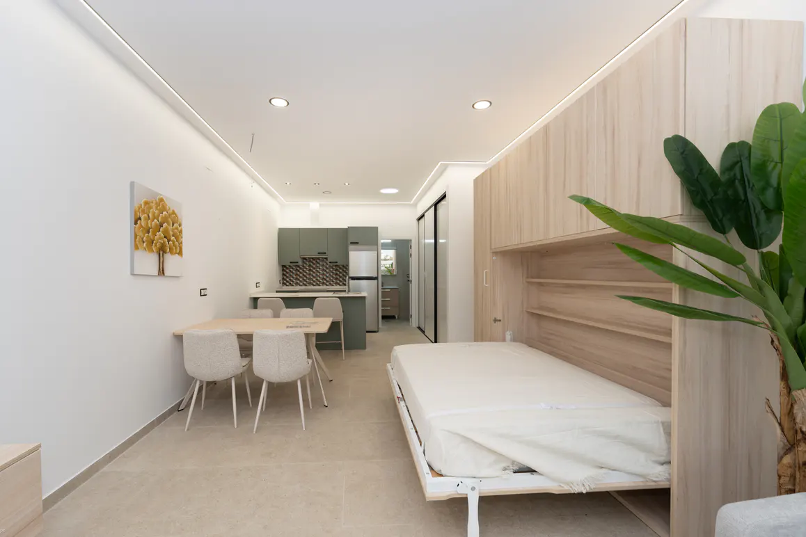 Bright studio apartment with a pull-down bed, dining table, and green kitchen in the background. A tree painting hangs on the white wall.