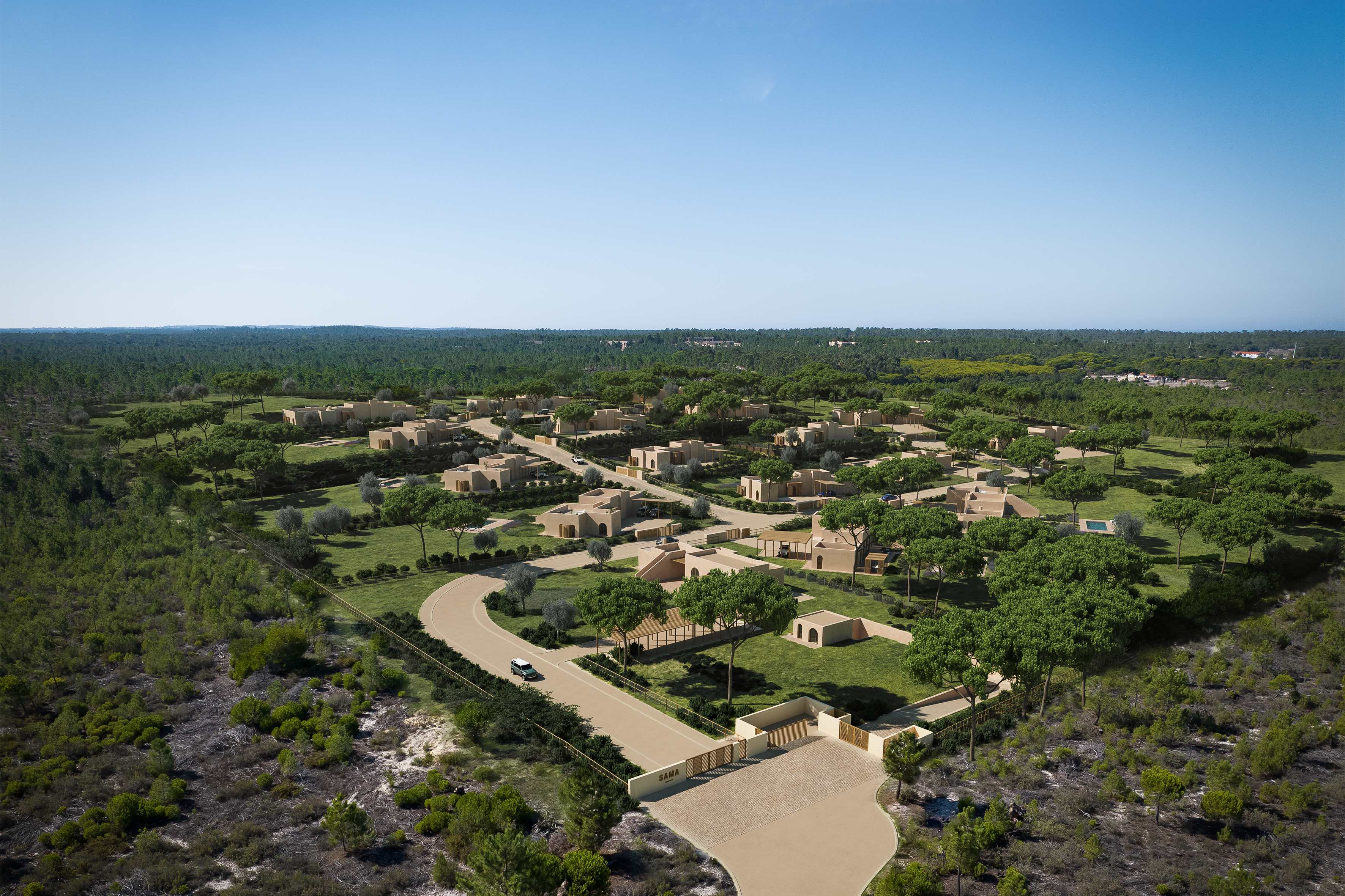 Aerial view of a luxury villa complex with beige buildings nestled in a lush pine forest under a clear blue sky. [AI-generated text]